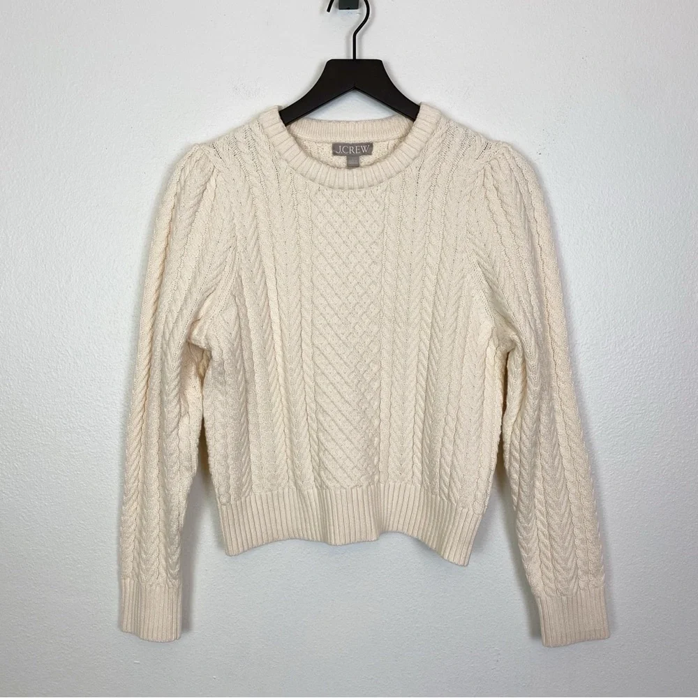 J. Crew Cable-Knit Puff-Sleeve Crewneck Sweater BS978
